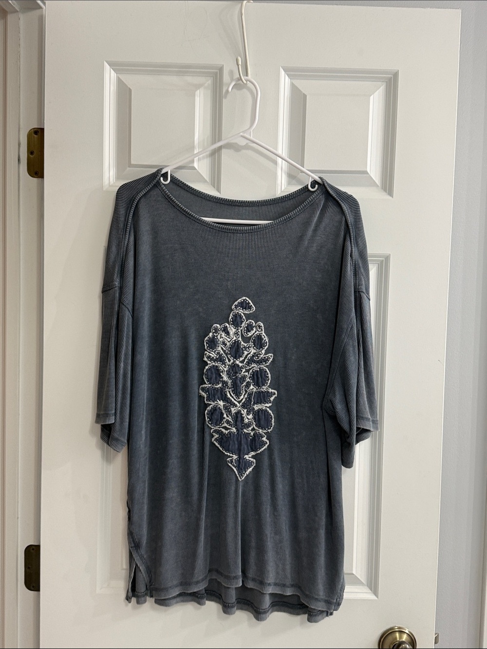 Free People Washed Charcoal Short Sleeve Embroidered Tee